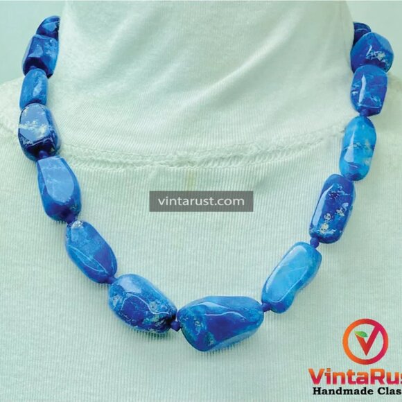 Handmade Lapis Lazuli Gemstone Necklace, Vintage Beaded Stone Necklace, Natural - Picture 2 of 9